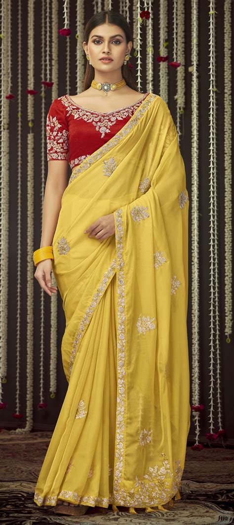 Mehendi Sangeet Traditional Wedding Yellow Color Organza Silk Silk Fabric Saree 1801655