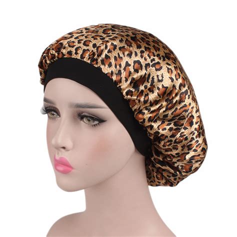 Women Leopard Satin Silk Bonnet Cap Home Comfortable Night Sleep Cap Ladies Soft Silk Long Hair