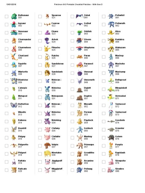 Pokémon Go Printable Checklist Pokédex With Gen 3 Pdf Pokémon