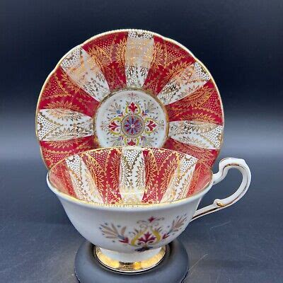 Vintage Paragon Bone China Red Gold Floral Panel Tea Cup Saucer Set