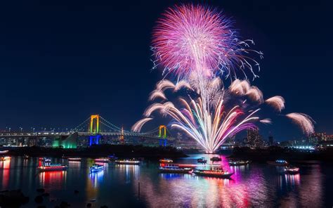 Wallpaper Japan Ship Boat City Night Fireworks Bridge River