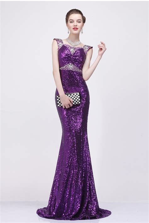 Mermaid Sweetheart Purple Sequin Beaded Evening Prom Dress With Cap Sleeves Straps