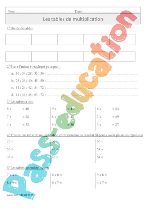 Tables De Multiplication Cm1 Cycle 3 Exercice évaluation Révision