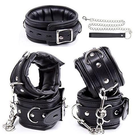 soft padded bondage kit black pu leather hands cuffs and ankle cuffs and neck collar set bdsm