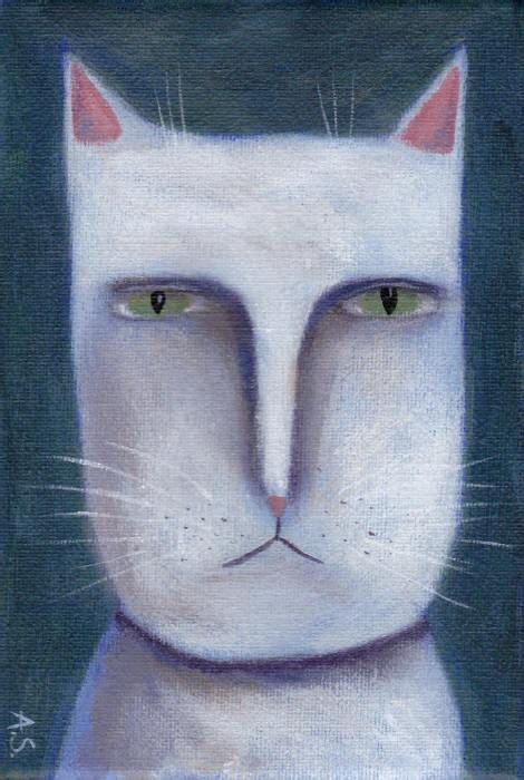 Quirky Cat Original Painting White Cat Outsider Art Grumpy Etsy Cat