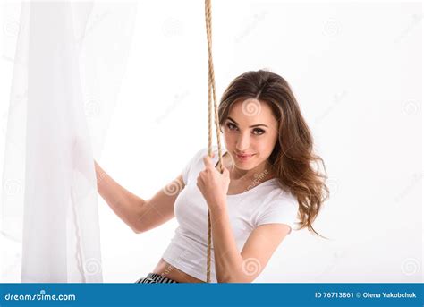 Cheerful Girl Swinging With Fun Stock Image Image Of Indoors Gorgeous 76713861