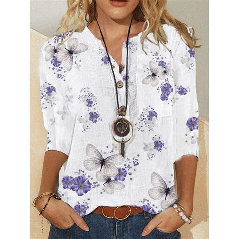 Casual Butterfly Floral Print V Neck Blouse In 2021