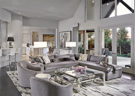 Chic Monochromatic Grey Living Room Decor With Grey Velvet Sectional