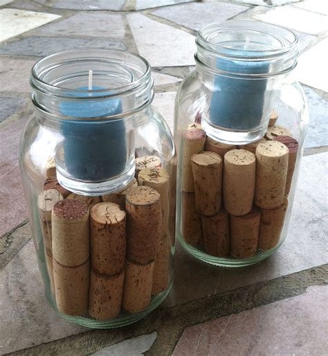 Set Of 2 Mason Jar Recycled Wine Cork Candle Holder Great For Weddings