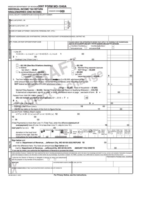 Form Mo 1040a Draft Individual Income Tax Return Singlemarried One