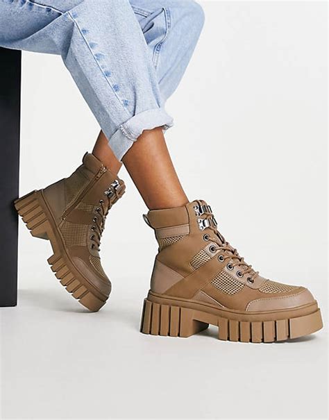 asos design abstract chunky lace up hiker boots in beige asos