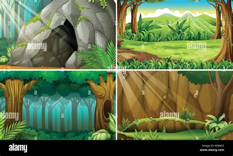 Ilustración De Cuatro Escenas De Bosques Y Una Cueva Imagen Vector De