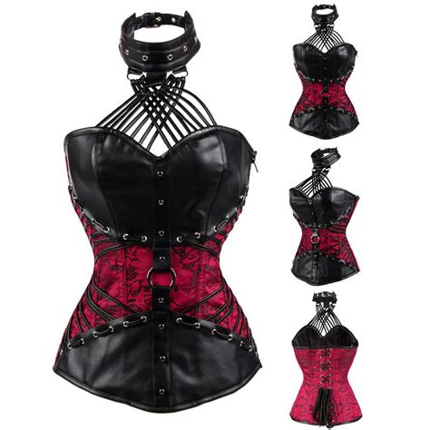 Red Black Leather Halter Zipper Gothic Corselet Corset Overbust Steel