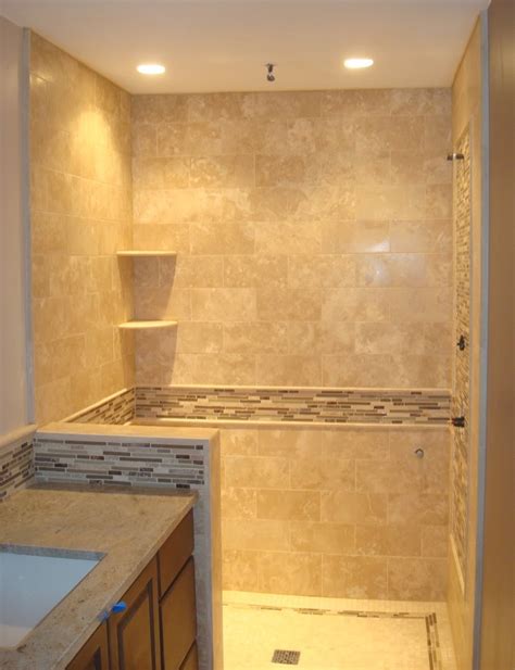 Straight Edge Tile Travertine Shower And Back Splash With Glass Feature Band