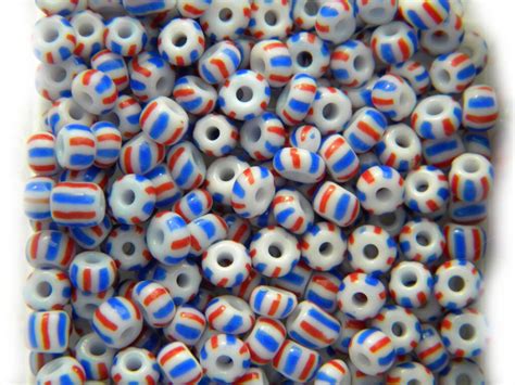 50 Red White Blue Striped Seed Beads By Jewelleryessentials