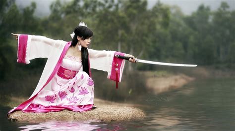 Asian Sword Women Katana Kimono Lotus Flowers Pink