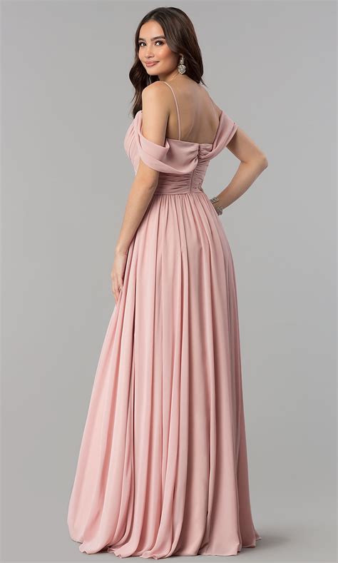 Long Cold-Shoulder Dusty Rose Chiffon Prom Dress