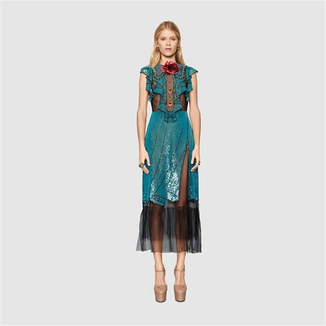 Browse the latest collections, explore the campaigns and discover our online assortment of clothing and accessories. Gucci Embroidered Tulle Dress in Blue - Lyst