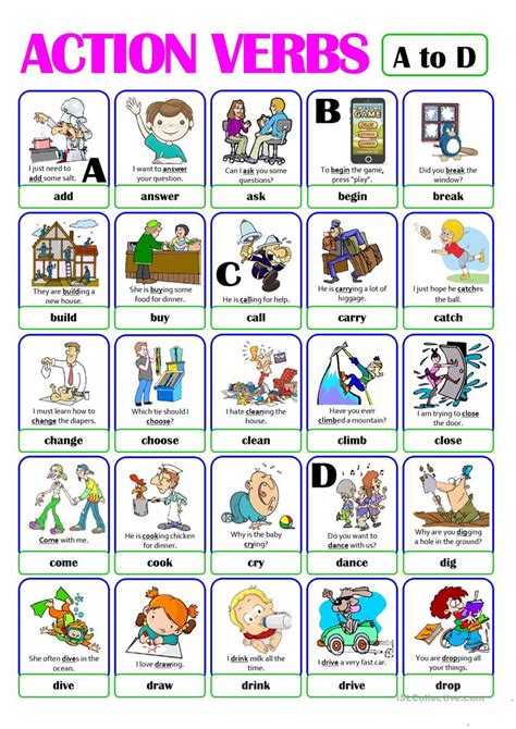 Pictionary Action Verb Set 1 From A To D Worksheet Free Esl