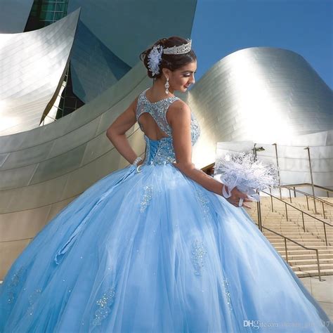 Light Sky Blue Princess Ball Gown Quinceanera Dresses Jewel Hollow Back