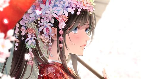 Download 3840x2160 Kimono Anime Girl Pretty Flowers Umbrella Profile View Wallpapers For