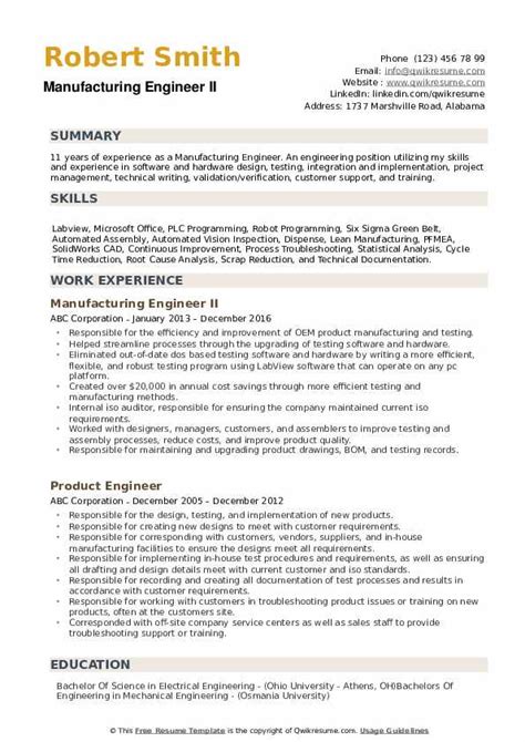 Manufacturing Engineer Resume Samples Qwikresume