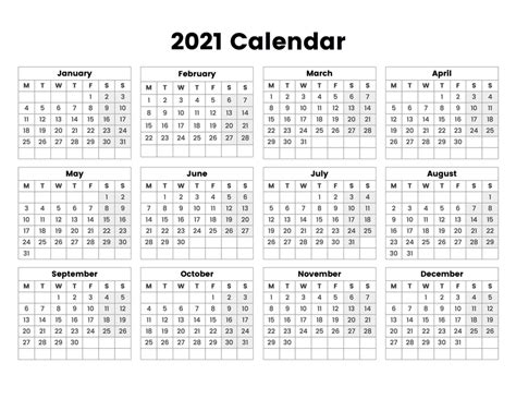 2021 Year Calendar With The Week Starting On Monday A Printable Calendar