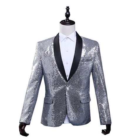 Buy Silver Sequin Stage Clothing For Men Bomber Jacket