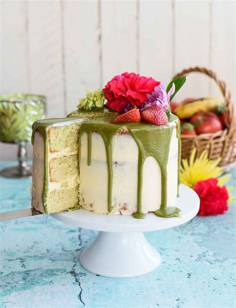 Matcha Cake With Buttercream Frosting And White Chocolate Matcha Drip