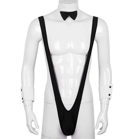 Sexy Men Stretchy Strings Thongs Bodysuit Borat Swimsuit Mankini With Bowtie Cuffs Set
