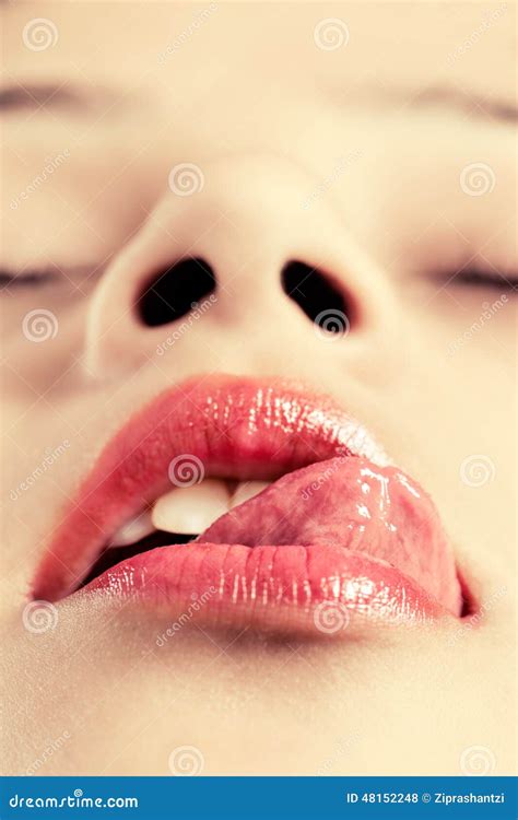 Beautiful Woman Seductively Licking Lips Stock Photo Image Of