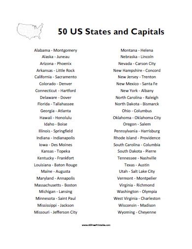 The united states of america is a federal republic consisting of 50 states, a federal district (washington, d.c., the capital city of the united states), five major territories. 50 States and Capitals List - Free Printable ...