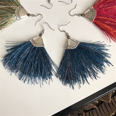 Blue Tassel Fringe Earrings Boho Tribal Fan Style Multi Grey Silver