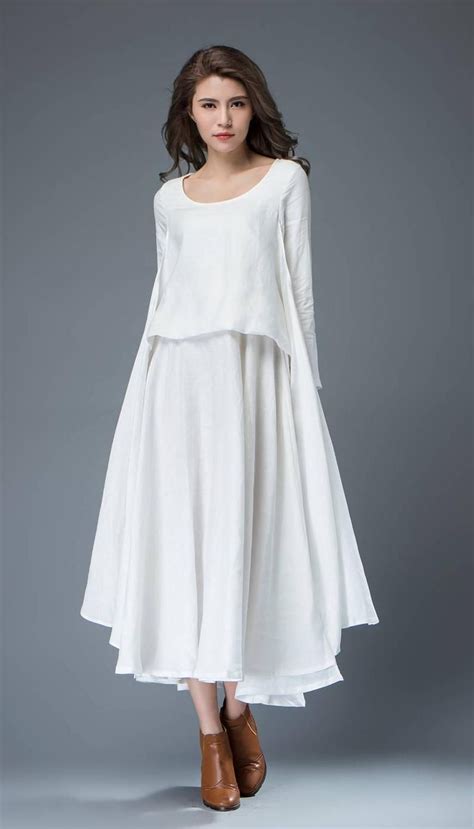 White Linen Dress Layered Flowing Elegant Long Sleeve Long Summer Dress With Scoop Neck Handmade
