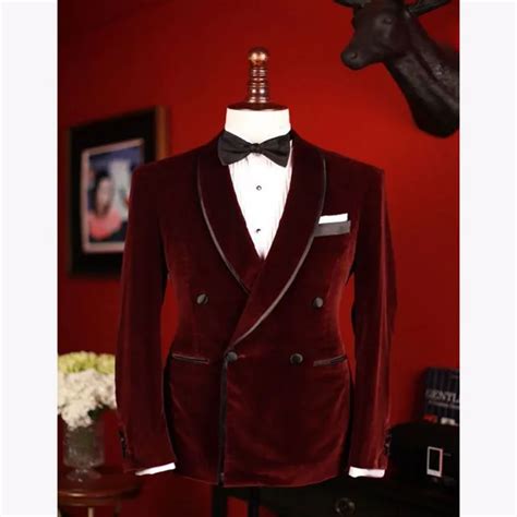 Men Wedding Groom Dinner Suits Jackets Double Breasted Burgundy Velvet
