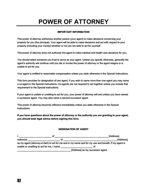 Power Of Attorney Example Form