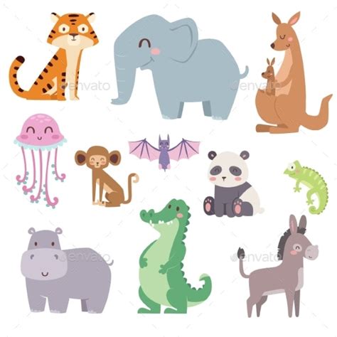 Zoo Cartoon Animals Isolated Funny Wildlife Vectors Graphicriver