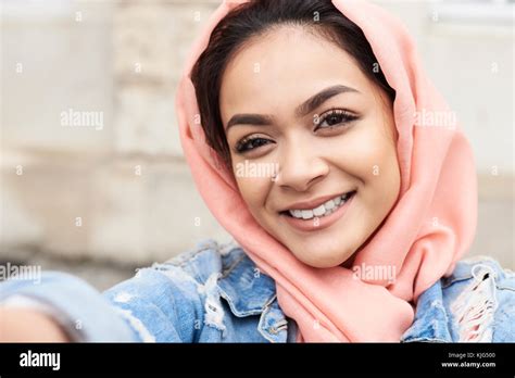 Self Portrait Beautiful Muslim Girl Wearing Hijab Smiling Camera Hi Res