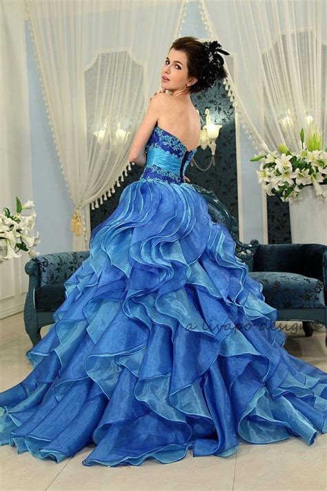 Strapless Sapphire Blue Organza Ruffled Ball Gown Prom By Livapo