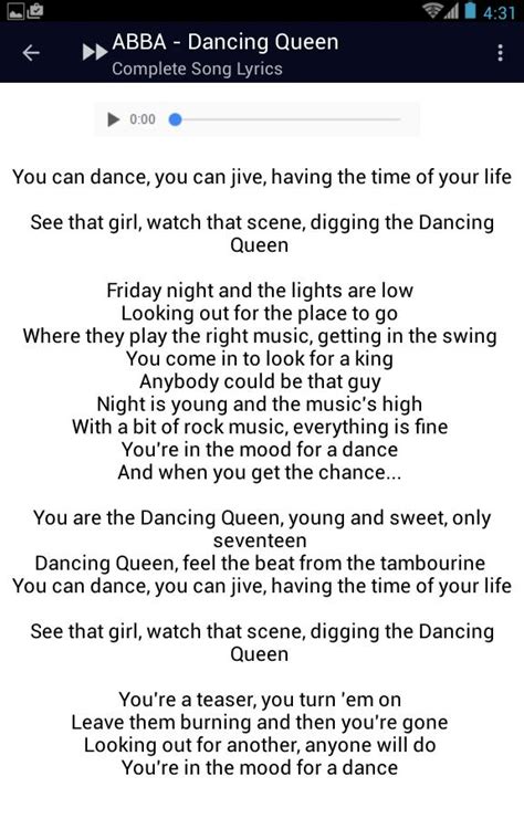 Friday night and the lights are low looking out for the place to go where they play the right music, getting in the swing. ABBA Dancing Queen Song Lyrics for Android - APK Download