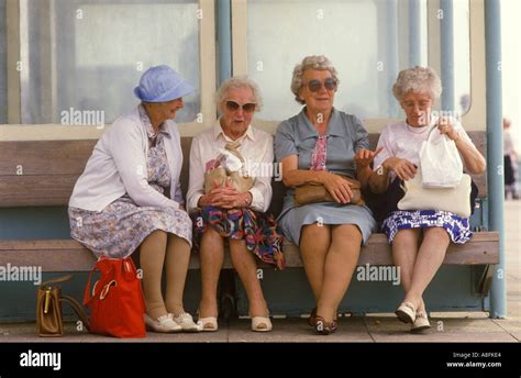 Vier Frauen Senioren Genießen Einen Chat Brighton Sussex Sitzen In Einen Windschutz Homer