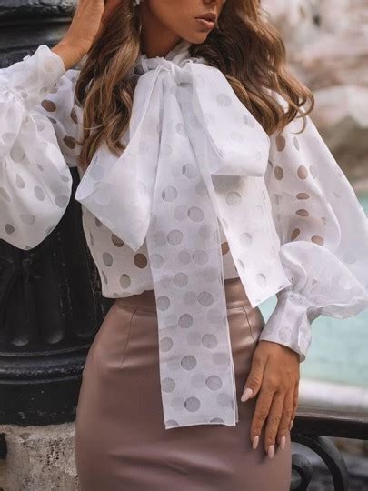 white polka dot bow lantern sleeve fashion blouse blouses tops