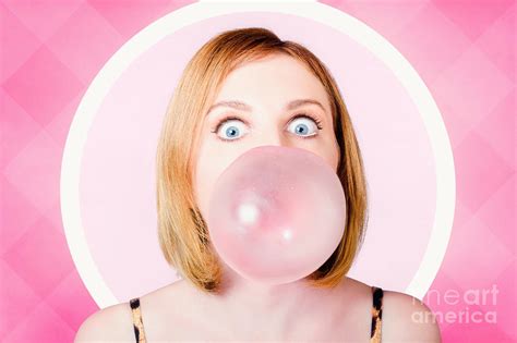 70s Pin Up Girl Blowing Pink Bubble Gum Ball Photograph By Jorgo