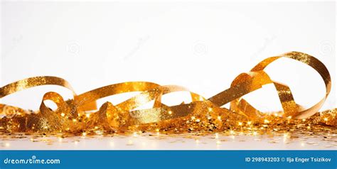Curly Gold Ribbon For Holiday Present Banner On White Background