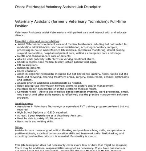 Veterinary Assistant Job Description Veterinarian Assistant Resume