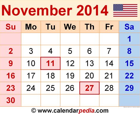 November 2014 Calendar | Templates for Word, Excel and PDF