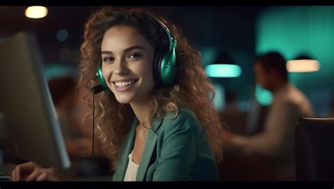 Premium Ai Image A Woman Wearing A Green Headphone With A Microphone