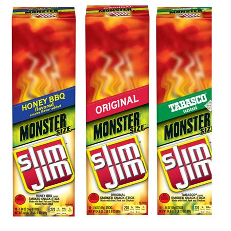 18 Pack Of Slim Jim Monster Size Beef Sticks 194oz Each In Your Choice Of Honey Bbq Tabasco
