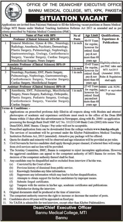 Faculty Jobs At Bannu Medical College Job Advertisement Pakistan