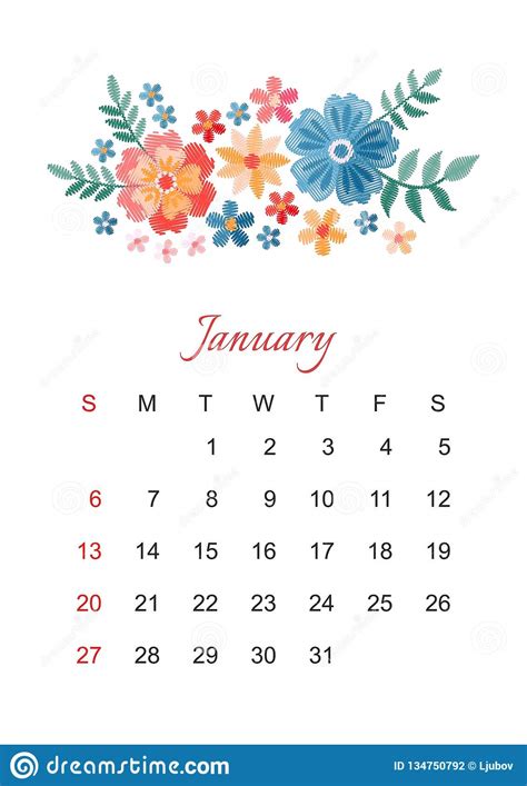 January Vector Calendar Template For 2019 Year With Beautiful